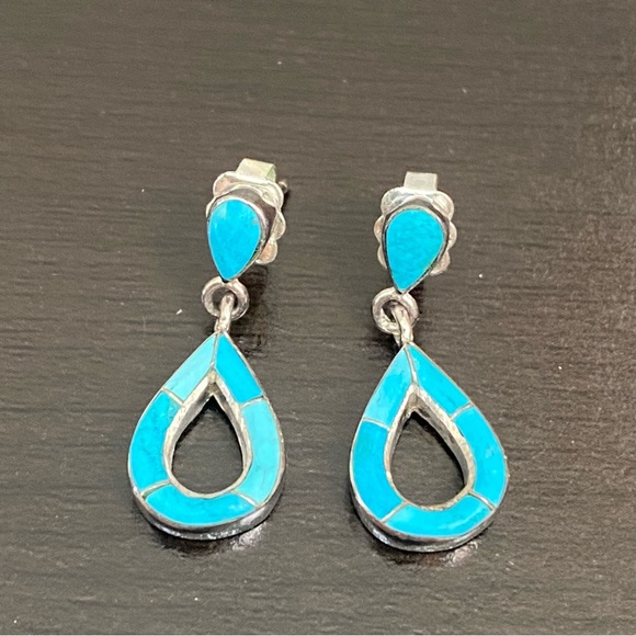 Sterling Silver Turquoise Inlay 16” Necklace and Earrings Set - Picture 3 of 13